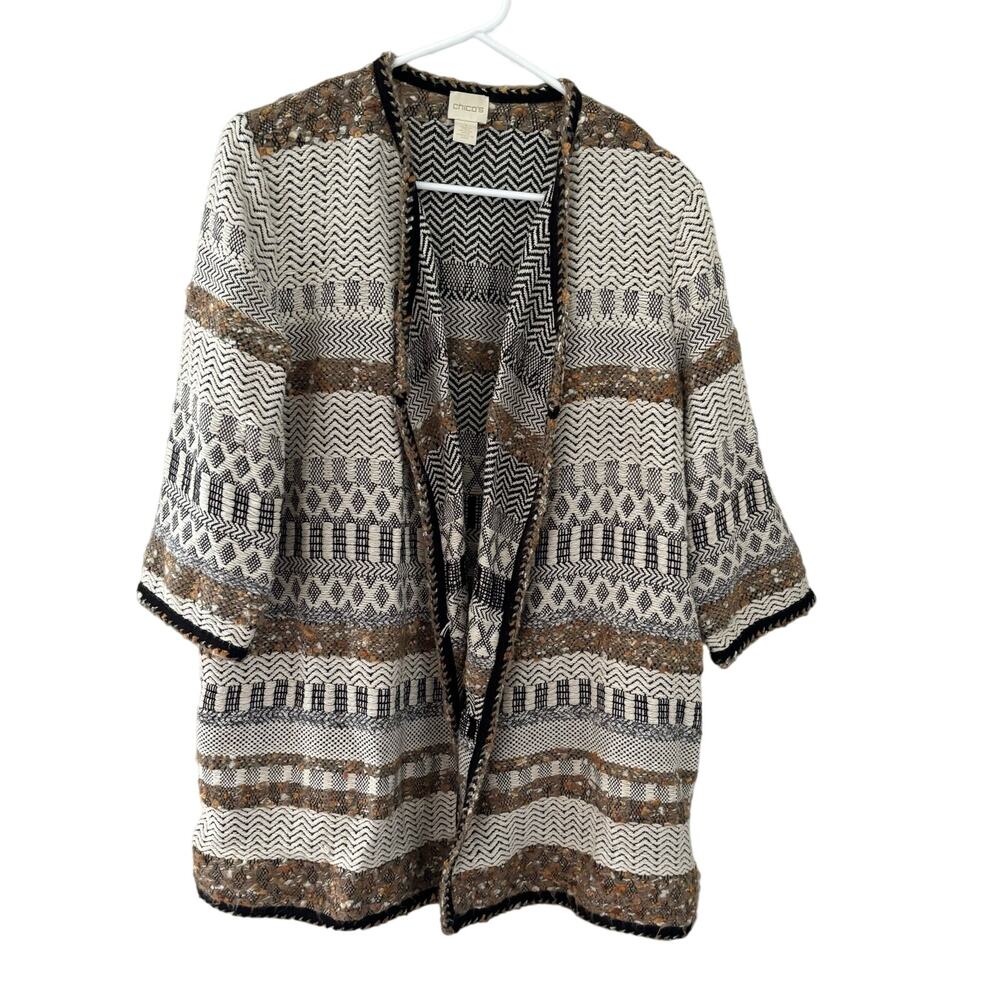 Chico's Elenore Textured Open Front Cardigan 3/4 Sleeves Neutral Artisanal - Picture 3 of 9